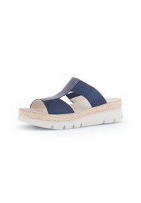 Navy blue sandal with open toe, cross straps, and woven cork-like platform. Features a cushioned, white rubber sole for support.