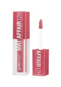 Rossetto liquido in un tubo trasparente e rosa. Presenta una finitura opaca, un applicatore morbido e l'etichetta "Mat Affair 12H" in testo bianco.