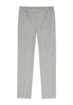 Gray woven trousers with a flat front, elasticized waistband, and straight cut. Material has a smooth texture with subtle heathered detail.