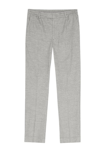 Gray woven trousers with a flat front, elasticized waistband, and straight cut. Material has a smooth texture with subtle heathered detail.