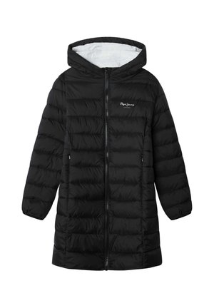 Giacca a vento nera con cappuccio, con un design a righe orizzontali, zip frontale e un rivestimento interno bianco. Logo sul lato sinistro del petto.
