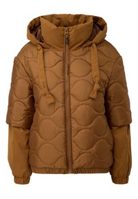 Veste matelassée marron avec capuche, fermeture éclair à l'avant, motif matelassé en forme de vagues, cordons de serrage et manches longues avec poignets élastiques.