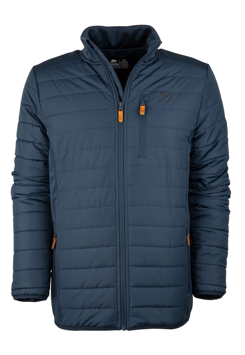 Marineblaue isolierte Jacke mit gestepptem Muster, hohem Kragen und orangefarbenen Reißverschlusszügen. Besitzt eine Reißverschlusstasche auf der Brust sowie seitliche Taschen.