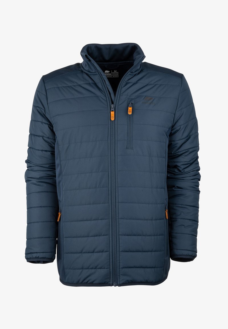 Marineblaue isolierte Jacke mit gestepptem Muster, hohem Kragen und orangefarbenen Reißverschlusszügen. Besitzt eine Reißverschlusstasche auf der Brust sowie seitliche Taschen.