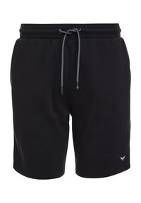 Shorts de sport noirs en tissu doux, avec une ceinture élastique à cordon de serrage, des poches latérales et un logo discret sur l'ourlet.