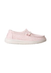 Chaussure décontractée rose clair à enfiler avec semelle blanche et détail en lacet élastique, vue de côté sur fond blanc.