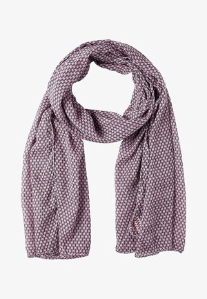 Écharpe violet clair avec un petit motif abstrait répétitif violet plus foncé, disposée en boucle lâche sur fond blanc.