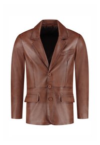 Blouson en cuir marron avec revers crantés, trois boutons, deux poches avant et une poche poitrine ; texture lisse et coupe ajustée.
