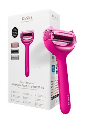Pink Geske SmartAppGuided microneedle ansigts- og kropsrulle med beskyttelsescover, vist sammen med emballage og tre tilslutningshoveder.