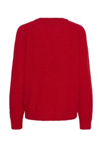 Roter Strickpullover, runder Ausschnitt, lange Ärmel, lockere Passform, gerippter Saum und Bündchen, weiche Textur mit subtiler glänzender Oberfläche. Rückansicht angezeigt.