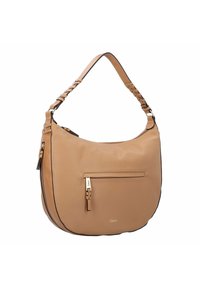 Borsa a spalla in pelle marrone chiaro con forma curvata, dettagli a tracolla intrecciati e tasca con zip davanti. Presenta un branding sottile e cuciture tonali.