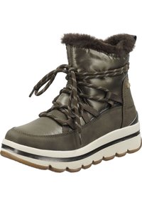 Bottes à lacets chevillées u boji maslinaste, s glatkom sintetičkom gornjom, krznom ovratniku, debelim bijelim potplatom i kontrastnim crnim detaljima.