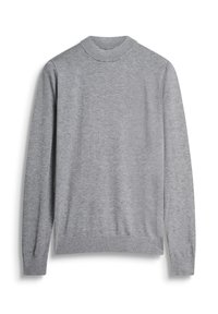Hellgrauer Langarmpullover mit geripptem Stehkragen, Bündchen und Saum, auf einem weißen Hintergrund präsentiert.
