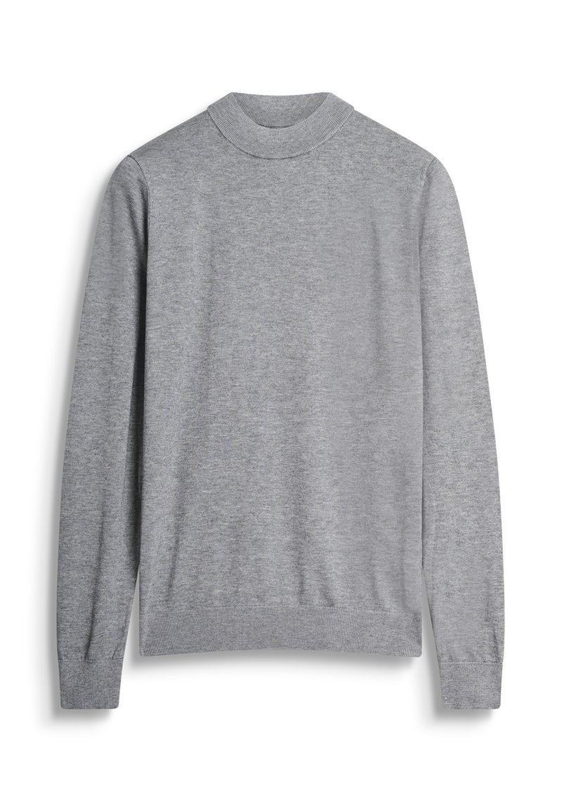 Hellgrauer Langarmpullover mit geripptem Stehkragen, Bündchen und Saum, auf einem weißen Hintergrund präsentiert.