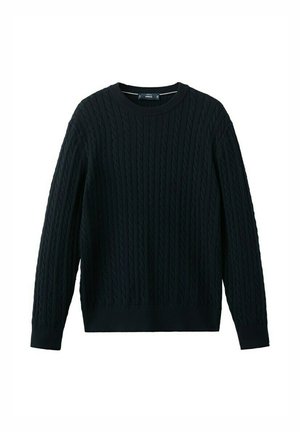 Schwarzer Pullover mit Zopfmuster, langen Ärmeln und Rundhalsausschnitt, aus Wollmischgewebe, klassischer Schnitt.