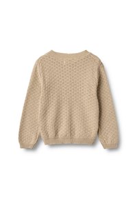 Beige trui met een gestructureerd patroon, ronde halslijn en geribde manchetten en zoom. Heeft een losse pasvorm en een lichte breisel.