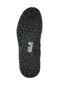 Semelle de chaussure en caoutchouc noir avec un motif de grip texturé en triangles et un logo "Jack Wolfskin" blanc sur le côté. Durable et conçue pour l'adhérence.