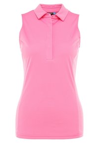 Różowa koszulka polo bez rękawów z kołnierzykiem i zapięciem na guziki, dopasowany krój, gładki materiał, małe logo na lewej piersi.