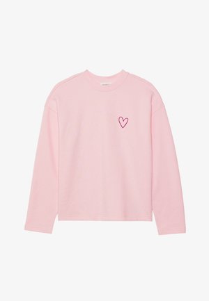 Vaaleanpunainen pitkähihaisella sweatshirteillä, joka on valmistettu pehmeästä kankaasta. Siinä on pieni brodeerattu sydän vasemmalla rintapielellä. Ribbireunukset kauluksessa ja hihoissa.