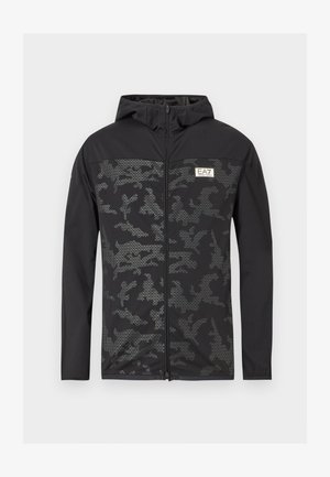 Black zip-up hooded jacket featuring a grey pixelated camouflage pattern on the front, made from lightweight, textured fabric.