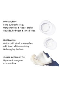 Tre transparente beholdere med væsker og et stykke kokosnød illustrerer hårbehandlingsingredienser: Powerbond™, Prodew®500, Jojoba & kokosolie.