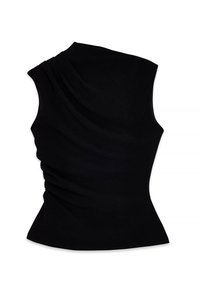 Črna brezrokavna majica z drapiranim dizajnom, ki ima horizontalne gube na rami in nabirno teksturo ob strani. Gladko tkanino.