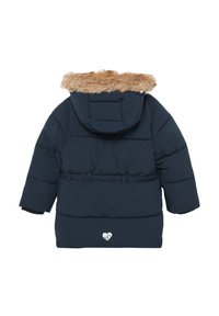 Marineblauwe pufferjas met een met bont gevoerde capuchon, voorzien van een horizontaal gewatteerd ontwerp, elastische tailleband en hartlogo aan de onderkant.