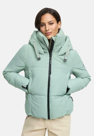 Light green puffer jacket with a high collar, zipper front, and adjustable hood. Features side pockets and black hardware accents.