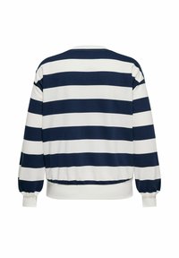 Sweat-shirt à rayures avec des rayures horizontales bleu marine et blanches, col rond et poignets froncés, fabriqué dans un tissu doux.