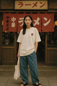 Νεαρή γυναίκα με καθημερινά ρούχα κρατά τσάντα tote και στέκεται έξω από ένα ιαπωνικό εστιατόριο ράμεν με κόκκινες σημαίες και ξύλινες πόρτες.
