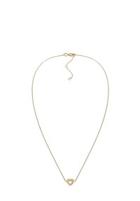 Guld kædesmykke med en delikat hjertevedhæng, omridsdesign, små udskæringer og en lobsteklips med forlængerkæde.