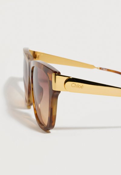 Καφέ γυαλιά ηλίου σε σχέδιο τετράγωνης χελώνας με μεταλλικούς χρυσούς βραχίονες, με το «Chloé» χαραγμένο στο πλάι.