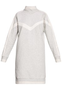 Grau sweatshirt Kleid mit hohem Kragen, langen Ärmeln und kontrastierenden weißen Chevron-Streifen auf der Vorderseite und den Schultern. Hergestellt aus weichem Baumwoll-Mischgewebe.