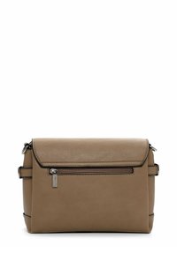 Brown leather crossbody bag with a front zip pocket, a flap closure, and adjustable strap. Textured surface with stitched accents.