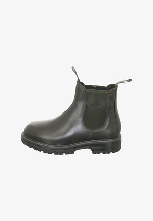 Braune Leder Chelsea-Stiefel mit elastischen Seitenpanelen und Zugschlaufen, runder Spitze und strukturiertem schwarzen Gummisohle. Glatte Oberfläche mit minimalen Nähten.