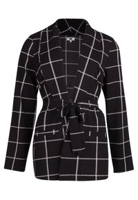 Svart kavaj med vitt rutmönster, långa ärmar, bindning i midjan, två framfickor och slagkrage.