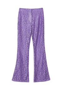 Pantaloni a campana in pizzo viola con un motivo floreale, materiale leggero e vita elastica per il massimo comfort.
