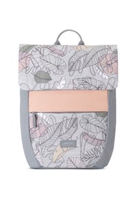 Sac à dos avec un motif de feuilles florales aux couleurs pastel, base en tissu gris, poche avant beige et une anse supérieure pour le transport.