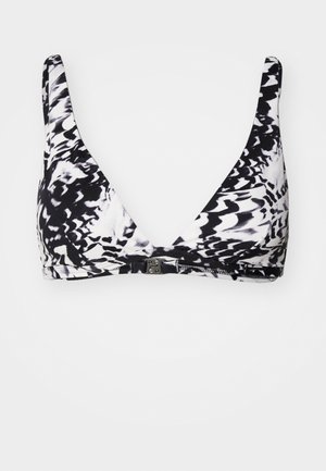Schwarzes und weißes gemustertes dreieckiges Bikini-Oberteil mit verstellbaren Trägern und einem Metallverschluss auf der Rückseite. Glatte Stoffstruktur.