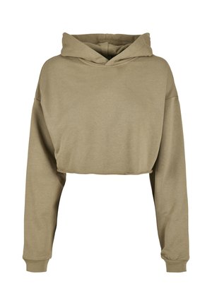 Īss kapučjakas džemperis gaiši haki krāsā, izgatavots no mīksta auduma. Tam ir plats kapucis, garas piedurknes un ribojumi aprocēs. Gluda tekstūra un minimālas dizaina detaļas.