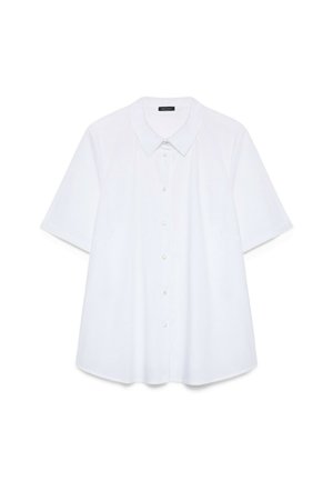 Camicia bianca a maniche corte con bottoni, colletto appuntito e vestibilità ampia, mostrata su sfondo bianco uniforme.