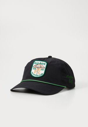 Black baseball cap with green accents, features a front patch with "Malbon Vacation Club" and "Est. 2017" in orange, and embroidered side logo.