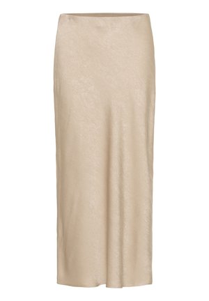 Beige kokerrok met een gestructureerde, matte afwerking, voorzien van een aansluitende silhoeët en een lengte tot de knie. Soepele tailleband zonder versieringen.