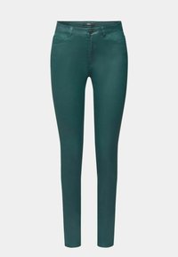 Jean skinny teal avec une texture lisse, comportant deux poches avant, une fermeture à un bouton et une taille mi-haute.