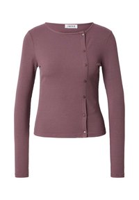 Langärmliges Rippoberteil in Mauve mit rundem Ausschnitt und geknöpftem Vordersteg. Besitzt eine taillierte Silhouette und eine weiche Textur.