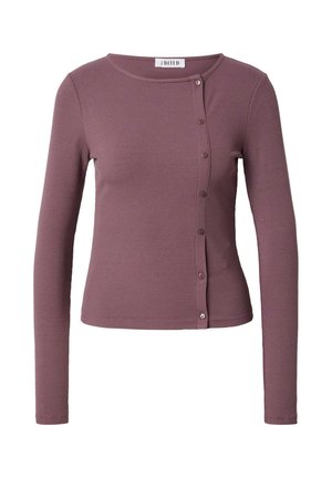 Langärmliges Rippoberteil in Mauve mit rundem Ausschnitt und geknöpftem Vordersteg. Besitzt eine taillierte Silhouette und eine weiche Textur.