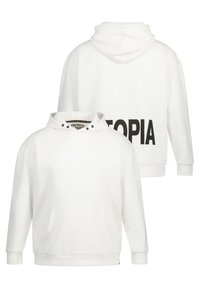Vit hoodie i bomull med en framficka, ribbade muddar och ett stort "UTOPIA"-tryck på baksidan. Har en huva med dragsko.