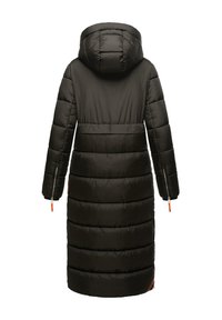 Long black padded winter coat with hood, horizontal quilting, and zipped cuffs, shown from the back on a white background.
