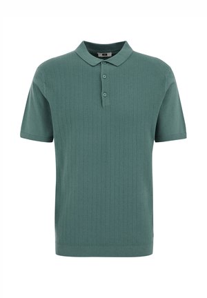Short-sleeve polo in muted green with textured, ribbed pattern. Features a collared neckline and three-button placket. Cotton blend fabric.