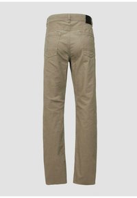 Beige katoenen broek met een rechte pijp, met twee achterzakken en een zwarte taillebandaccent. Gedetailleerde stiksels op de naden.